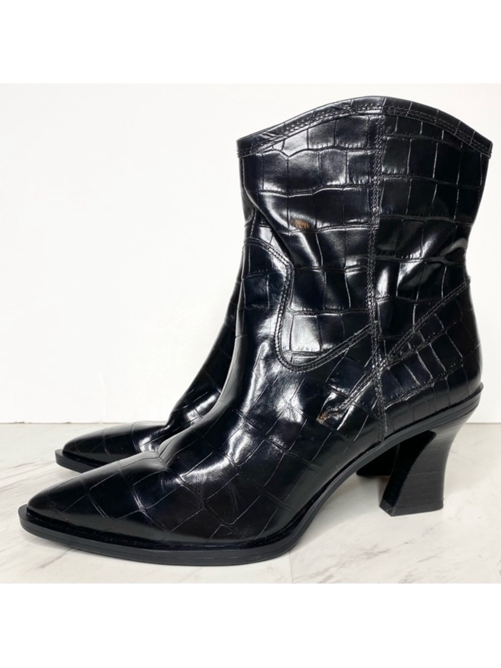 Franco Sarto Gwenyth Black Crocodile Pointy Toe Bootie 8 1/2 M